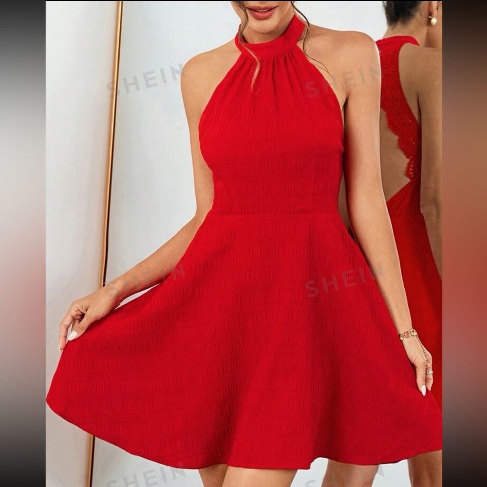 SHEIN Halter Lace & Pleated Backless Mini Dress - Red - Medium